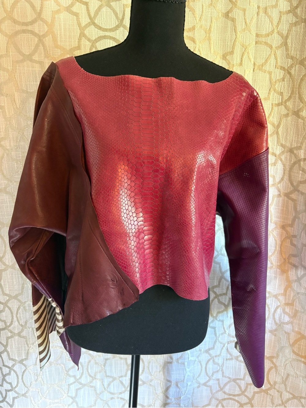 Women's Maroon Mixed-Material Leather Tunic